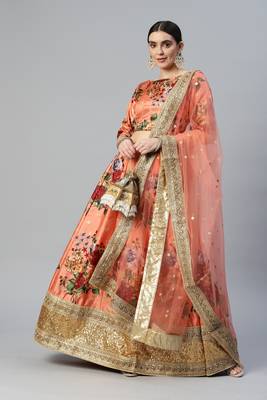 ORANGE DIGITAL PRINT DORI SEQUINS EMBROIDERED WITH PEARL WORK ART SILK FESTIVE DESIGNER SEMI STITCHED LEHENGA CHOLI 7