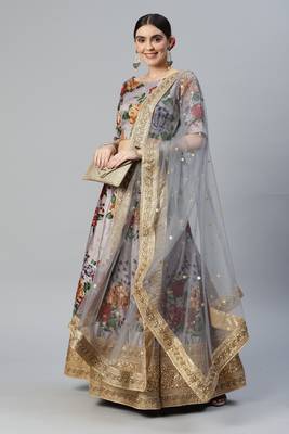 GREY DIGITAL PRINT DORI SEQUINS EMBROIDERED WITH PEARL WORK ART SILK FESTIVE DESIGNER PARTY SEMI STITCHED LEHENGA CHOLI 7