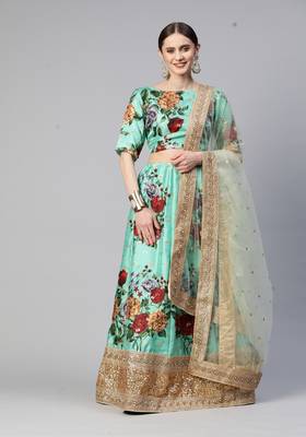 GREEN DIGITAL PRINT DORI SEQUINS EMBROIDERED WITH PEARL WORK ART SILK FESTIVE DESIGNER PARTY SEMI STITCHED LEHENGA CHOLI 7