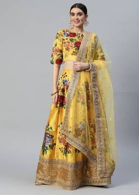 YELLOW DIGITAL PRINT DORI SEQUINS EMBROIDERED WITH PEARL WORK ART SILK FESTIVE DESIGNER SEMI STITCHED LEHENGA CHOLI 7