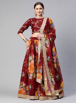 MAROON DIGITAL PRINT SEQUINS EMBROIDERED ART SILK FESTIVAL WEDDING DESIGNER PARTY SEMI STITCHED LEHENGA CHOLI 7