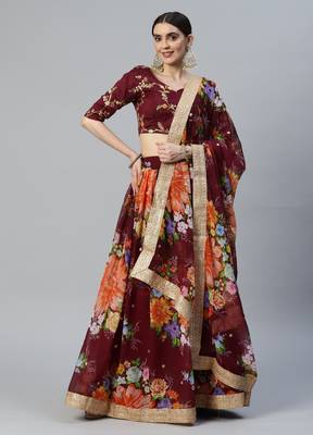 WINE DIGITAL PRINT SEQUINS EMBROIDERED ART SILK FESTIVAL WEDDING DESIGNER PARTY SEMI STITCHED LEHENGA CHOLI 7