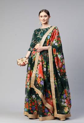 GREEN DIGITAL PRINT SEQUINS EMBROIDERED ART SILK FESTIVAL WEDDING DESIGNER PARTY SEMI STITCHED LEHENGA CHOLI 7