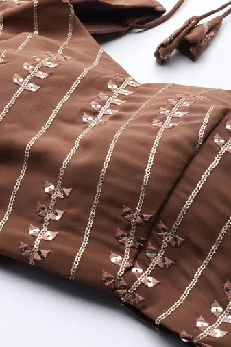 BROWN THREAD & SEQUINS EMBROIDERED GEORGETTE FESTIVAL WEDDING DESIGNER PARTY SEMI STITCHED LEHENGA CHOLI