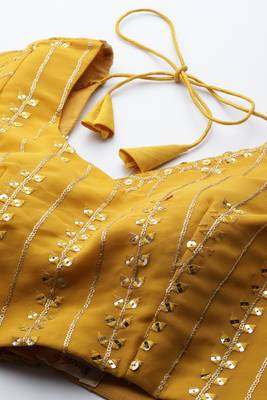 MUSTARD THREAD & SEQUINS EMBROIDERED GEORGETTE FESTIVAL WEDDING DESIGNER PARTY SEMI STITCHED LEHENGA CHOLI 6