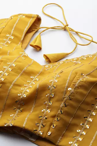 MUSTARD THREAD & SEQUINS EMBROIDERED GEORGETTE FESTIVAL WEDDING DESIGNER PARTY SEMI STITCHED LEHENGA CHOLI