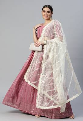 LAVENDER THREAD & SEQUINS EMBROIDERED GEORGETTE FESTIVAL WEDDING DESIGNER PARTY SEMI STITCHED LEHENGA CHOLI 7