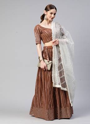 BROWN THREAD & SEQUINS EMBROIDERED GEORGETTE FESTIVAL WEDDING DESIGNER PARTY SEMI STITCHED LEHENGA CHOLI 7