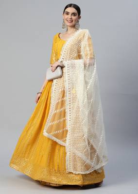 MUSTARD THREAD & SEQUINS EMBROIDERED GEORGETTE FESTIVAL WEDDING DESIGNER PARTY SEMI STITCHED LEHENGA CHOLI 7