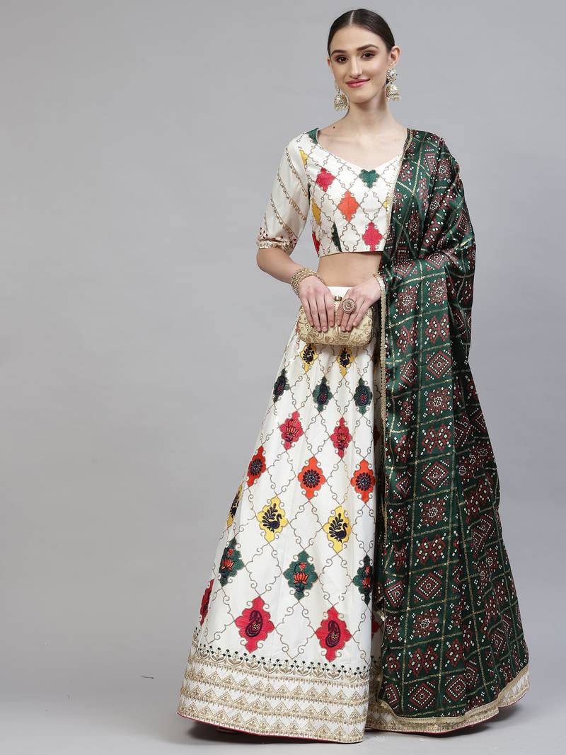 WHITE THREAD AND SEQUINS EMBROIDERED SILK FESTIVE & PARTY WEAR SEMI STITCHED LEHENGA