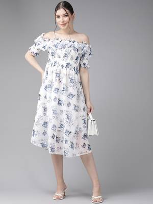 Aarika womens white-blue colour georgette floral print middi 1