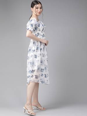 Aarika womens white-blue colour georgette floral print middi 4