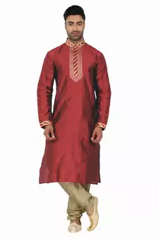 Maroon Kurta Set With Cording All Over And Sripes In The Placket With Cording On The Placket  And Collar