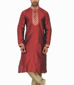 Maroon Kurta Set With Cording All Over And Sripes In The Placket With Cording On The Placket  And Collar