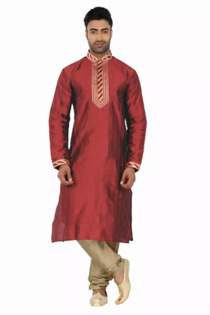 Maroon Kurta Set With Cording All Over And Sripes In The Placket With Cording On The Placket  And Collar