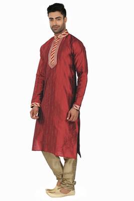Maroon Kurta Set With Cording All Over And Sripes In The Placket With Cording On The Placket  And Collar 2