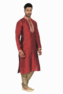 Maroon Kurta Set With Cording All Over And Sripes In The Placket With Cording On The Placket  And Collar 3
