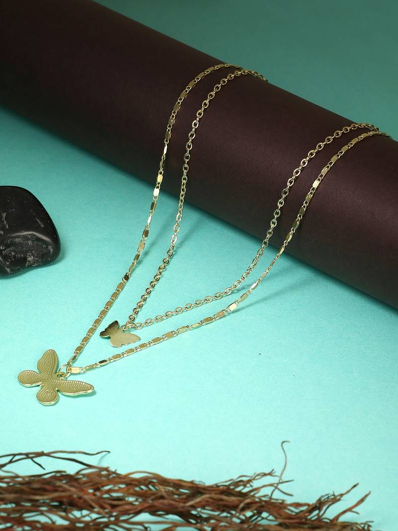 Women gold-plated double layered butterfly chain
