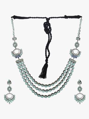 Silver-plated stone-studded layered necklace and earring set 1