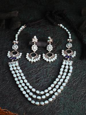 Silver-plated stone-studded layered necklace and earring set 3