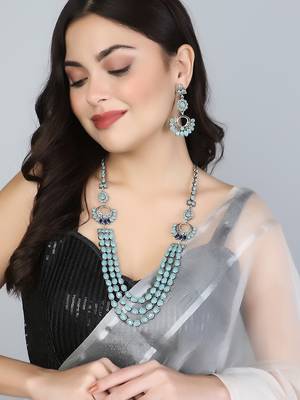 Silver-plated stone-studded layered necklace and earring set 4