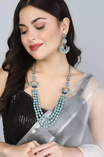 Silver-plated stone-studded layered necklace and earring set