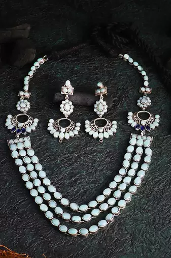 Silver-plated stone-studded layered necklace and earring set