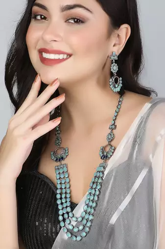 Silver-plated stone-studded layered necklace and earring set