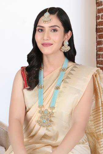 24ct gold-plated blue stone-studded alloy handcrafted jewellery set