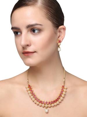 24ct gold-plated red stone-studded antique pearl jewellery set 1