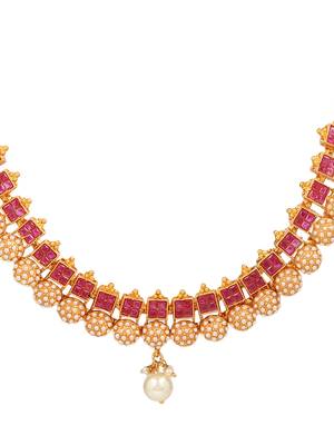 24ct gold-plated red stone-studded antique pearl jewellery set 3