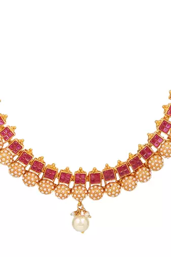 24ct gold-plated red stone-studded antique pearl jewellery set