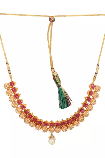 24ct gold-plated red stone-studded antique pearl jewellery set