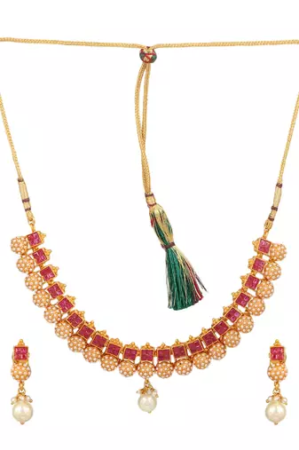 24ct gold-plated red stone-studded antique pearl jewellery set