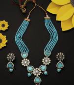 Gold-plated blue  white cz stone-studded beaded handcrafted jewellery set