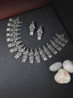 Oxidized silver-plated white stone-studded handcrafted jewellery set 1