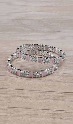 Rhodium Plated Pink Stone American Diamond Bangles BD627 1