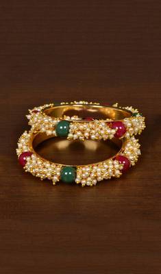 Gold Plated Red, Green Stone and Seed Pearls Pair of Designer Bangles for Women 2