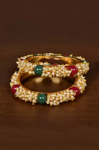 Gold Plated Red, Green Stone and Seed Pearls Pair of Designer Bangles for Women