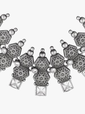 Oxidized silver-plated white stone-studded handcrafted jewellery set 4