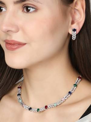 Rodium-plated stone -studded necklace & earring set 2