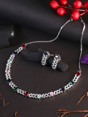 Rodium-plated stone -studded necklace & earring set 3