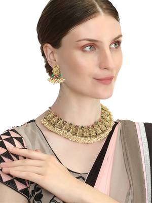 Gold-plated pink  green stone-studded  pearl beaded antique temple jewellery set 2