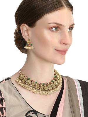Gold-plated pink  green stone-studded  pearl beaded antique temple jewellery set 1