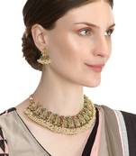 Gold-plated pink  green stone-studded  pearl beaded antique temple jewellery set