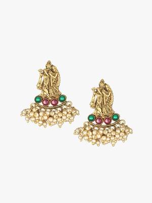 Gold-plated pink  green stone-studded  pearl beaded antique temple jewellery set 3