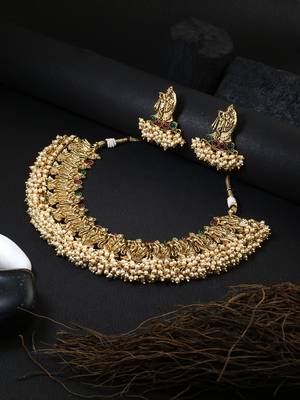 Gold-plated pink  green stone-studded  pearl beaded antique temple jewellery set 4