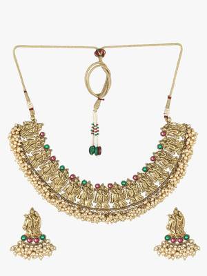 Gold-plated pink  green stone-studded  pearl beaded antique temple jewellery set 5