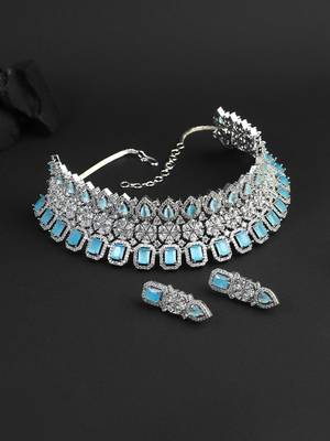 Rhodium-plated cz mint stone-studded handcrafted jewellery set 1