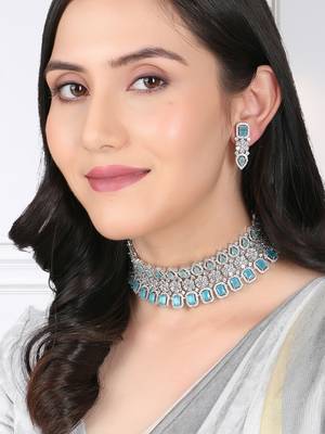 Rhodium-plated cz mint stone-studded handcrafted jewellery set 3